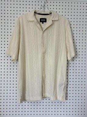 Malibu S Beige Short-Sleeve Button-Up Shirt With Textured Eyelet Pattern